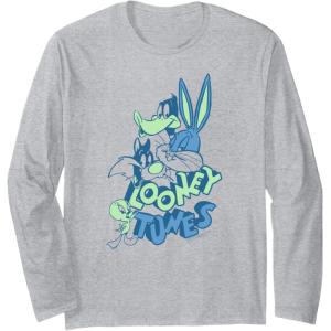 imageAmazon Essentials Looney Tunes Blue and Green Character Collage Long Sleeve TShirtHeather Grey