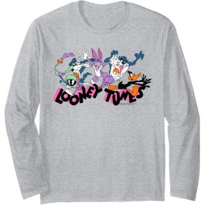 imageAmazon Essentials Looney Tunes Pink Logo with Running Characters Long Sleeve TShirtHeather Grey