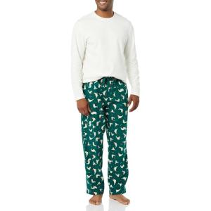 imageAmazon Essentials Mens Flannel Pant and LongSleeve TShirt Pajama SetEggshell WhiteGreen Seal