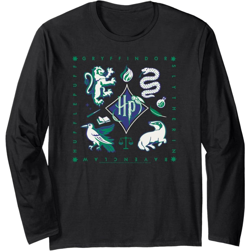 imageAmazon Essentials Harry Potter Hogwarts Houses Square Long Sleeve TShirtBlack