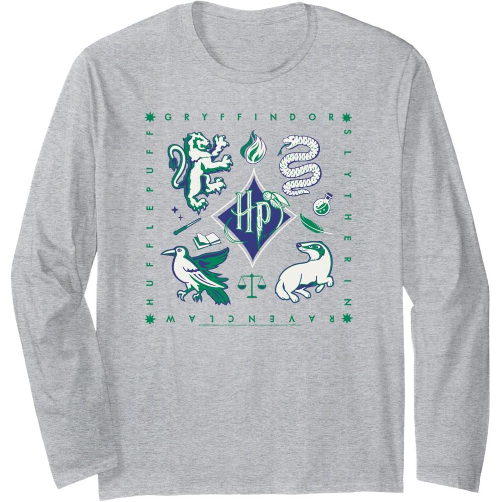 imageAmazon Essentials Harry Potter Hogwarts Houses Square Long Sleeve TShirtHeather Grey