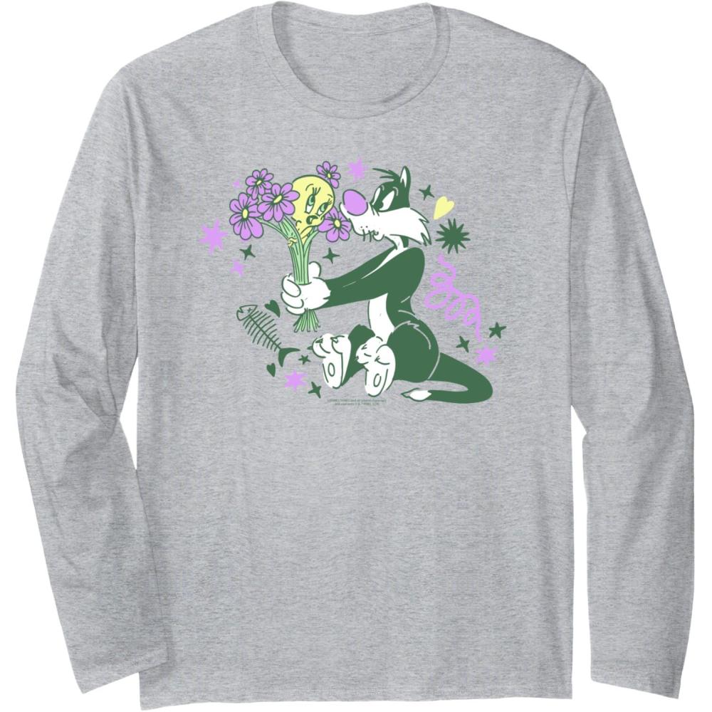 imageAmazon Essentials Looney Tunes Tweety and Green Sylvester Long Sleeve TShirtHeather Grey