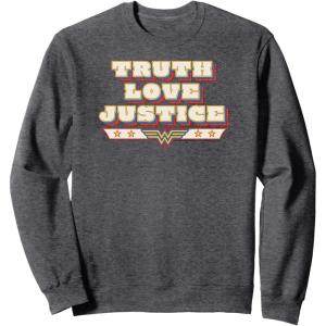 imageAmazon Essentials DC Comics Wonder Woman Truth Love Justice SweatshirtDark Heather Grey