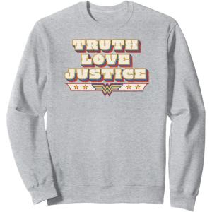 imageAmazon Essentials DC Comics Wonder Woman Truth Love Justice SweatshirtHeather Grey