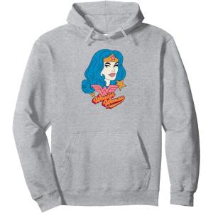 imageAmazon Essentials DC Comics Wonder Woman Comic Portrait Pullover HoodieHeather Grey