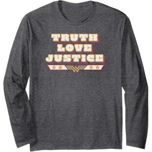 imageAmazon Essentials DC Comics Wonder Woman Truth Love Justice Long Sleeve TShirtDark Heather Grey