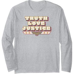imageAmazon Essentials DC Comics Wonder Woman Truth Love Justice Long Sleeve TShirtHeather Grey