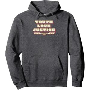 imageAmazon Essentials DC Comics Wonder Woman Truth Love Justice Pullover HoodieDark Heather Grey