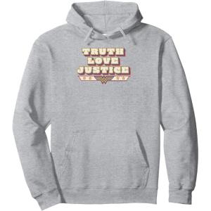 imageAmazon Essentials DC Comics Wonder Woman Truth Love Justice Pullover HoodieHeather Grey