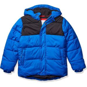 imageAmazon Essentials Babies Toddlers and Boys Heavyweight Hooded Puffer JacketBlack Cobalt Blue Color Block