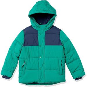 imageAmazon Essentials Babies Toddlers and Boys Heavyweight Hooded Puffer JacketGreen Navy Color Block