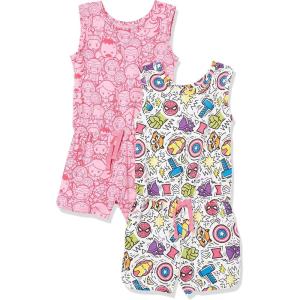 imageAmazon Essentials Disney  Marvel  Star Wars  Frozen  Princess Girls and Toddlers Knit Sleeveless Rompers Pack of 2Festive Marvel  Kids