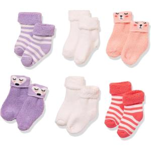 imageAmazon Essentials Unisex Babies Cozy Cotton Turn Cuff Socks 6 PairsPinkPurpleStripe