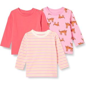imageAmazon Essentials Unisex Babies RelaxedFit 100 Cotton LongSleeve TShirts Pack of 3Pink TigerStripe