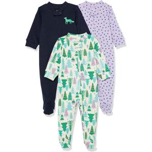 imageAmazon Essentials Unisex Toddlers and Babies Cotton SnugFit Footed Sleeper Pajamas MultipacksEcru Festive TreeNavyPurple Dots