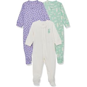 imageAmazon Essentials Unisex Toddlers and Babies Cotton SnugFit Footed Sleeper Pajamas MultipacksMint Green Forest AnimalsPurple DotsWhite