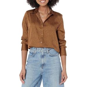 imageAmazon Essentials Womens RegularFit Satin Button Down Blouse Available in Plus SizeDark Chestnut Brown Leopard