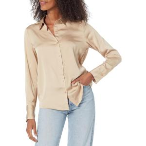 imageAmazon Essentials Womens RegularFit Satin Button Down Blouse Available in Plus SizeTan