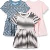 imageAmazon Essentials Girls and Toddlers Short Sleeve Jersey Dress Pack of 3Pale PinkFrench StripeFloral