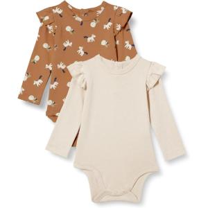 imageAmazon Essentials Baby Girls LongSleeved Ruffle Bodysuits Pack of 2Pale PeachLion and Pony