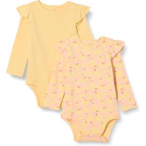 imageAmazon Essentials Baby Girls LongSleeved Ruffle Bodysuits Pack of 2Pale YellowApples