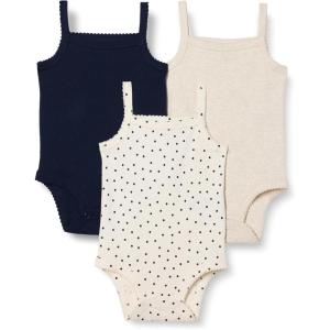 imageAmazon Essentials Baby Girls Sleeveless Bodysuits Pack of 3Oatmeal HeatherNavyDots