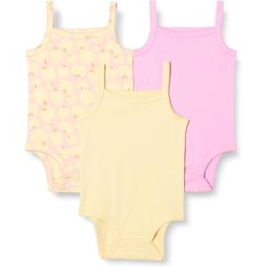 imageAmazon Essentials Baby Girls Sleeveless Bodysuits Pack of 3Pale YellowPinkApples
