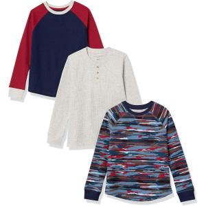 imageAmazon Essentials Boys and Toddlers LongSleeve Knit Thermal TShirt Pack of 3Blue CamoIvoryNavy