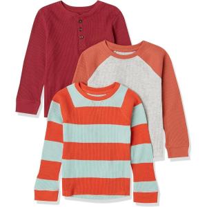 imageAmazon Essentials Boys and Toddlers LongSleeve Knit Thermal TShirt Pack of 3BurgundyGreyOrange Rugby Stripe