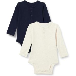 imageAmazon Essentials Unisex Babies LongSleeve Henley Bodysuits Pack of 2Oatmeal HeatherNavy