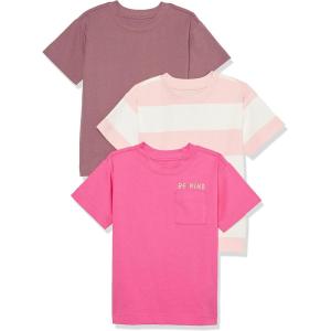 imageAmazon Essentials Unisex Kids and Toddlers Modern ShortSleeve TShirt Pack of 3Dusty RosePink Text PrintWhite Rugby Stripe