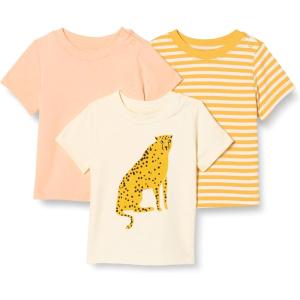 imageAmazon Essentials Unisex Toddlers and Babies Short Sleeve TShirts Pack of 3Pastel PeachCheetahStripe