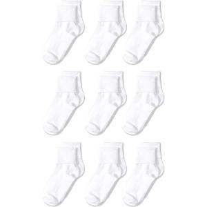 imageAmazon Essentials Girls and Toddlers Comfortable Cotton Blend Uniform Turn Cuff Sock 9 PairsWhite