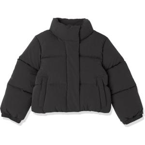 imageAmazon Essentials Girls and Toddlers Cropped FullZip Puffer Jacket Quilted Matte or Sherpa FleeceBlack