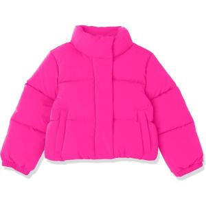 imageAmazon Essentials Girls and Toddlers Cropped FullZip Puffer Jacket Quilted Matte or Sherpa FleeceNeon Pink