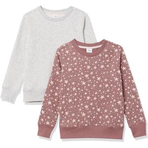 imageAmazon Essentials Girls and Toddlers Fleece Crewneck Pullover Sweatshirts Pack of 2Light Grey HeatherMauve Stars