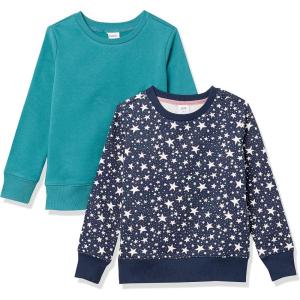 imageAmazon Essentials Girls and Toddlers Fleece Crewneck Pullover Sweatshirts Pack of 2Navy StarsTeal Blue