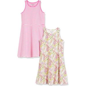 imageAmazon Essentials Girls and Toddlers Knit Sleeveless Tank Play Dress Pack of 2Pink StripeWhite Floral