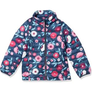 imageAmazon Essentials Girls and Toddlers Lightweight WaterResistant Hooded Packable Mock Puffer JacketNavy Floral