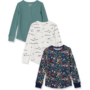 imageAmazon Essentials Girls and Toddlers LongSleeve Knit Thermal TShirt Pack of 3Bottle GreenNavy FloralWhite Horses