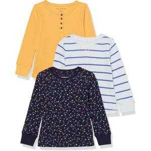 imageAmazon Essentials Girls and Toddlers LongSleeve Knit Thermal TShirt Pack of 3Navy FloralWhite StripeYellow