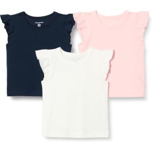 imageAmazon Essentials Girls and Toddlers Sleeveless Ruffle TShirt Pack of 3IvoryNavyPink