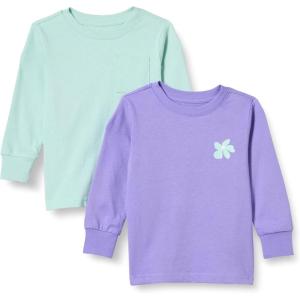 imageAmazon Essentials Unisex Kids and Toddlers LongSleeve Rib Cuff TShirt Pack of 2Light PurpleMint Green Flowers
