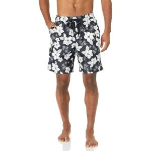 imageAmazon Essentials Mens 9quot Swim Trunks with Mesh Lining Pockets Drawstring ClosureBlack Hibiscus Flower