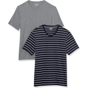 imageAmazon Essentials Mens ShortSleeve VNeck TShirts Pack of 2Grey HeatherNavy Stripe