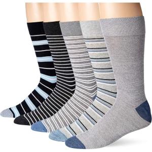 imageAmazon Essentials Mens Comfortable Patterned Dress Socks 5 PairsBlueGreyStripe