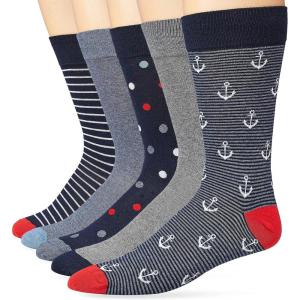 imageAmazon Essentials Mens Comfortable Patterned Dress Socks 5 PairsBlueRedGrey