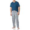 imageAmazon Essentials Mens Cotton Poplin Pant with Cotton Jersey TShirt Pajama SetIndigoNavy Plaid