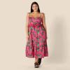 imageAmazon Essentials Womens Fit and Flare Cotton Sateen Empire Waist Midi Ruffle DressHot Pink Red Leafy Floral