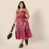 imageAmazon Essentials Womens Fit and Flare Cotton Sateen Empire Waist Midi Ruffle DressHot Pink Red Leafy Floral